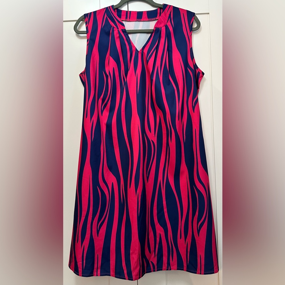 Pink and Navy Blue Sleeveless V Neck Summer A Line Dress Sz LG NEW!